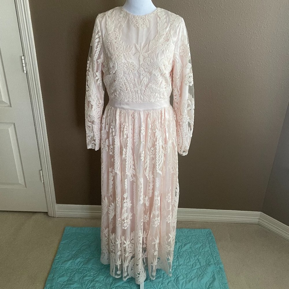 Blush Floral Lace Long Sleeve Evening Dress